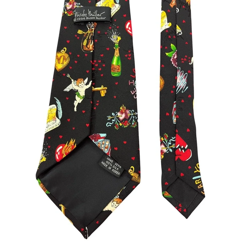 Nicole Miller Silk‎ Tie Mens OS Black 1994 Vintage Love Letters Hearts Valentine